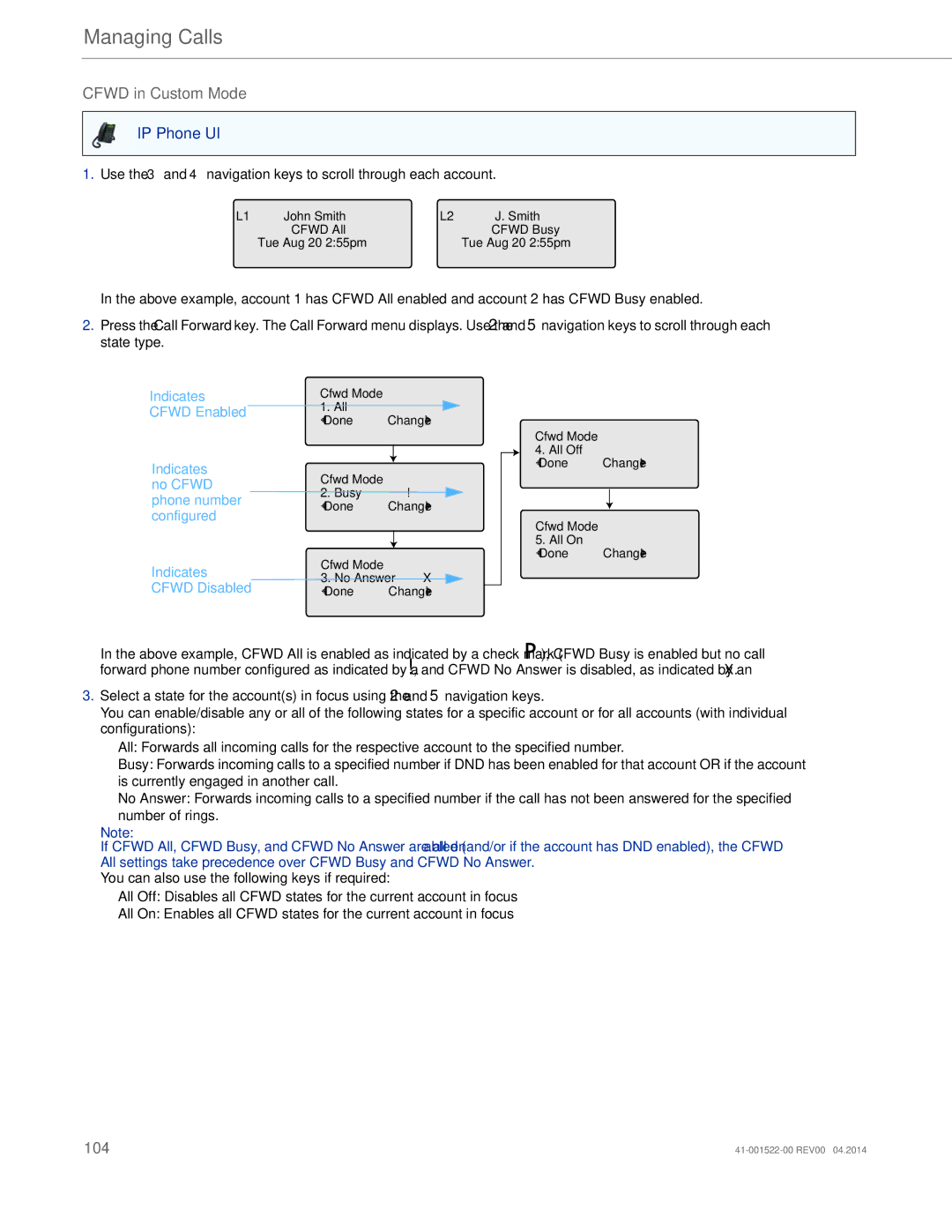 Aastra Telecom 6863i manual Cfwd in Custom Mode, Cfwd Mode All Off DoneChange All On 