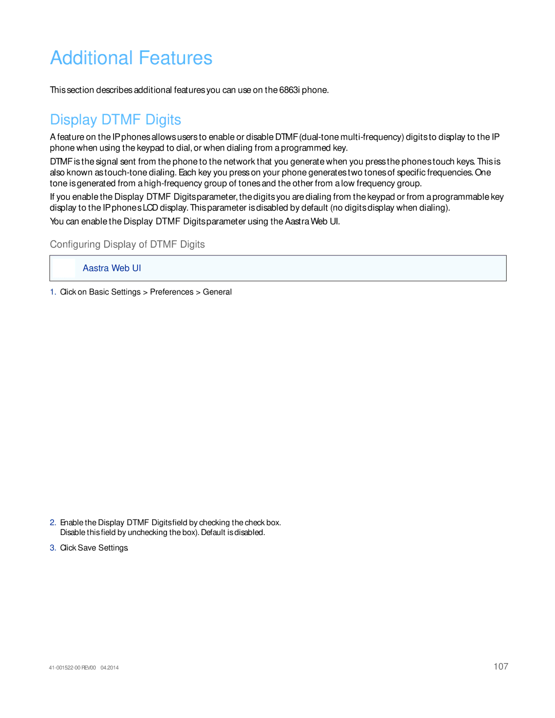 Aastra Telecom 6863i manual Additional Features, Display Dtmf Digits, Configuring Display of Dtmf Digits 