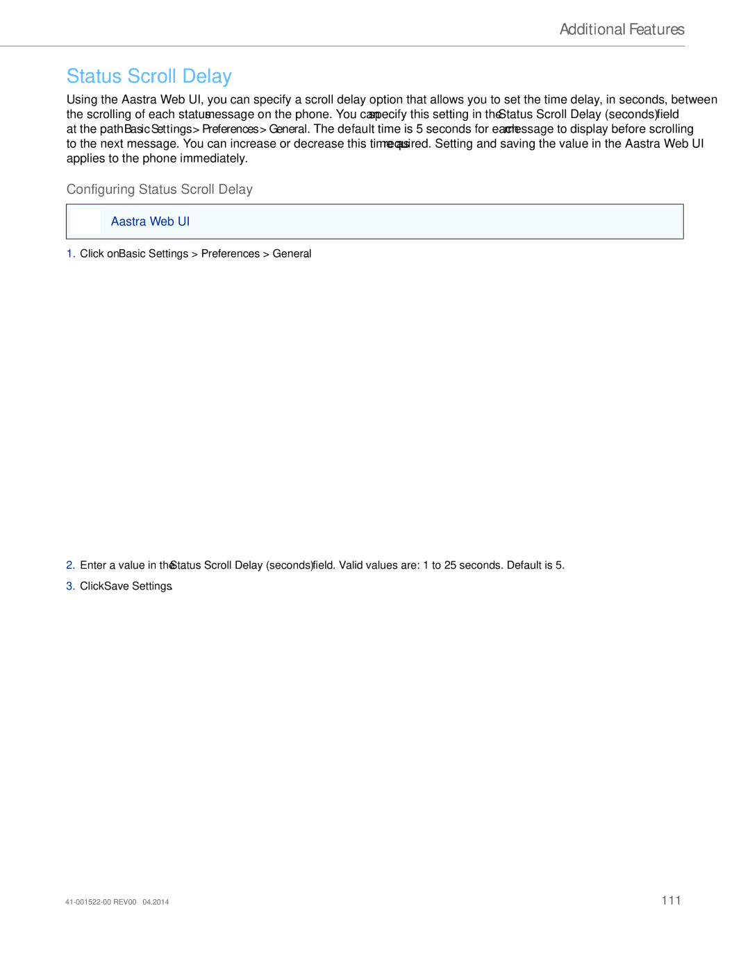 Aastra Telecom 6863i manual Configuring Status Scroll Delay 