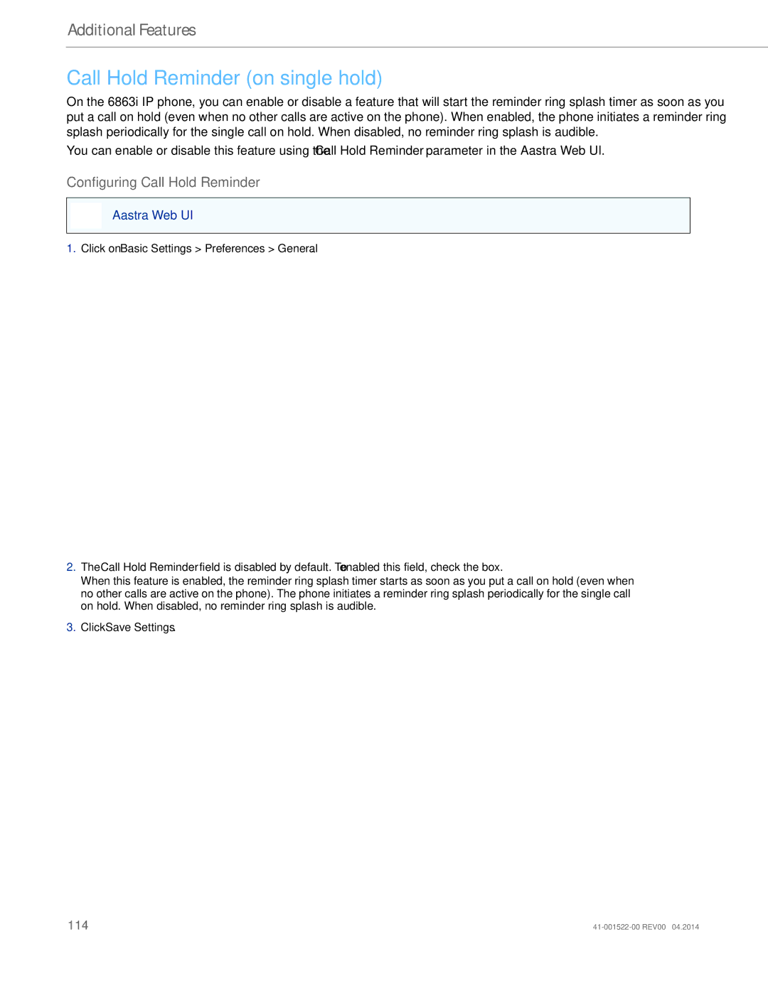 Aastra Telecom 6863i manual Call Hold Reminder on single hold, Configuring Call Hold Reminder 