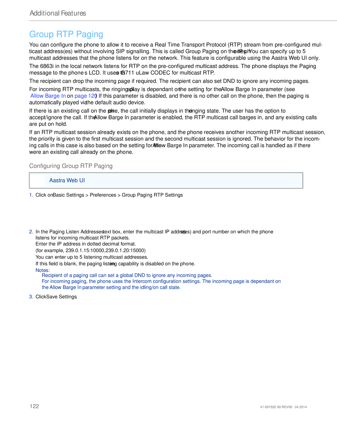 Aastra Telecom 6863i manual Configuring Group RTP Paging 