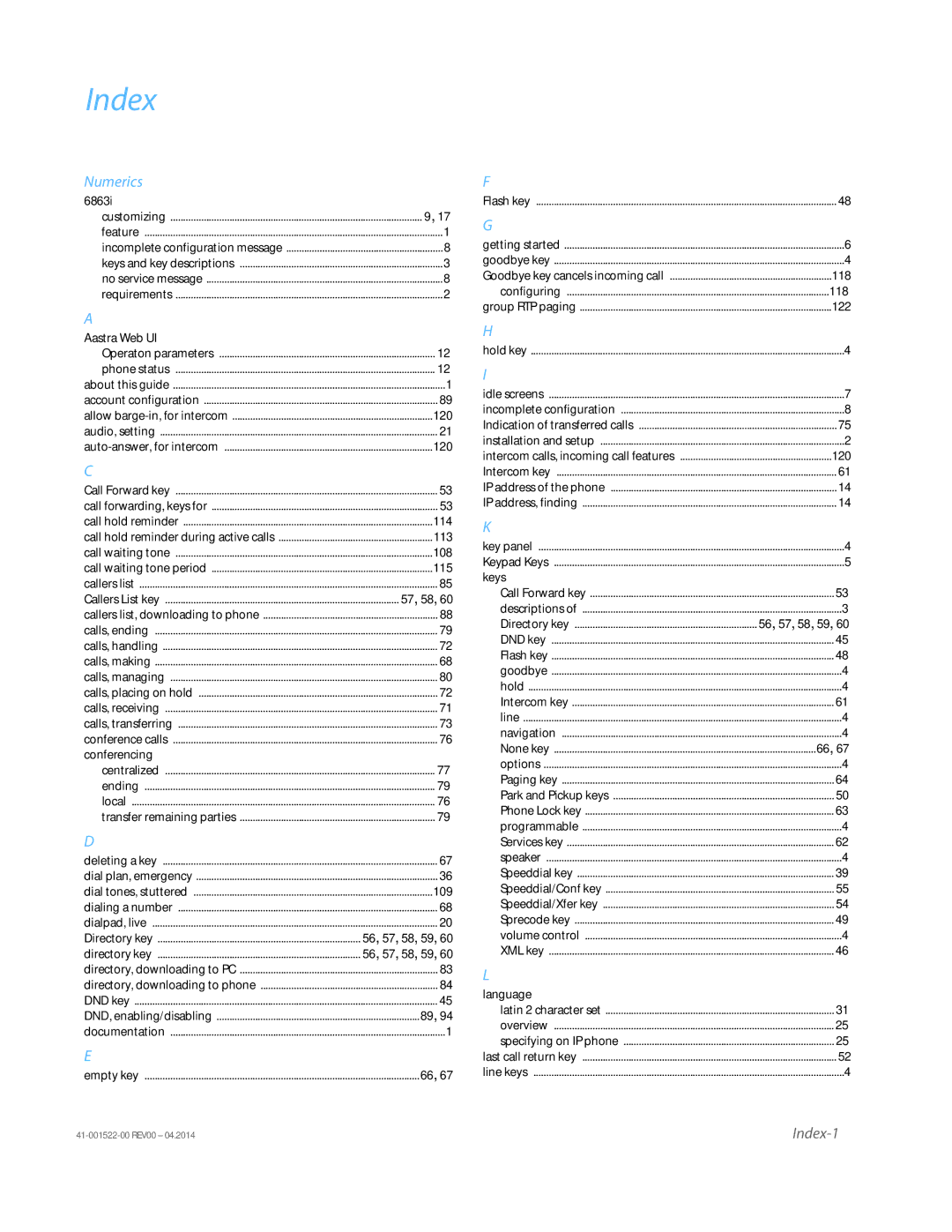 Aastra Telecom 6863i manual Index, Numerics 