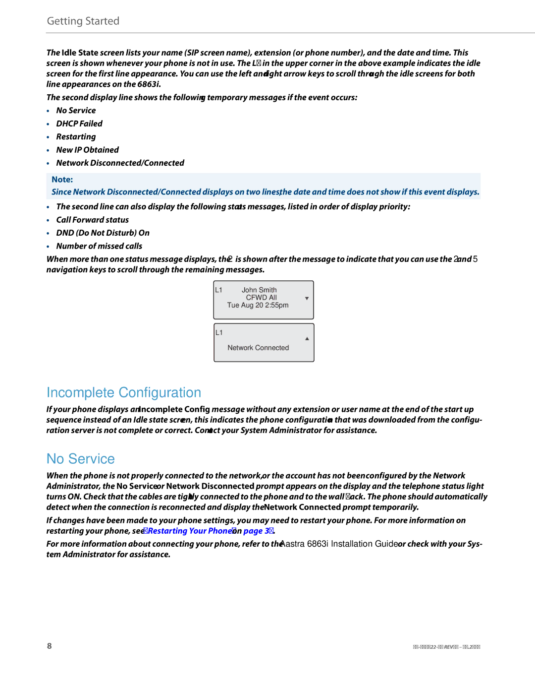 Aastra Telecom 6863i manual Incomplete Configuration, No Service 