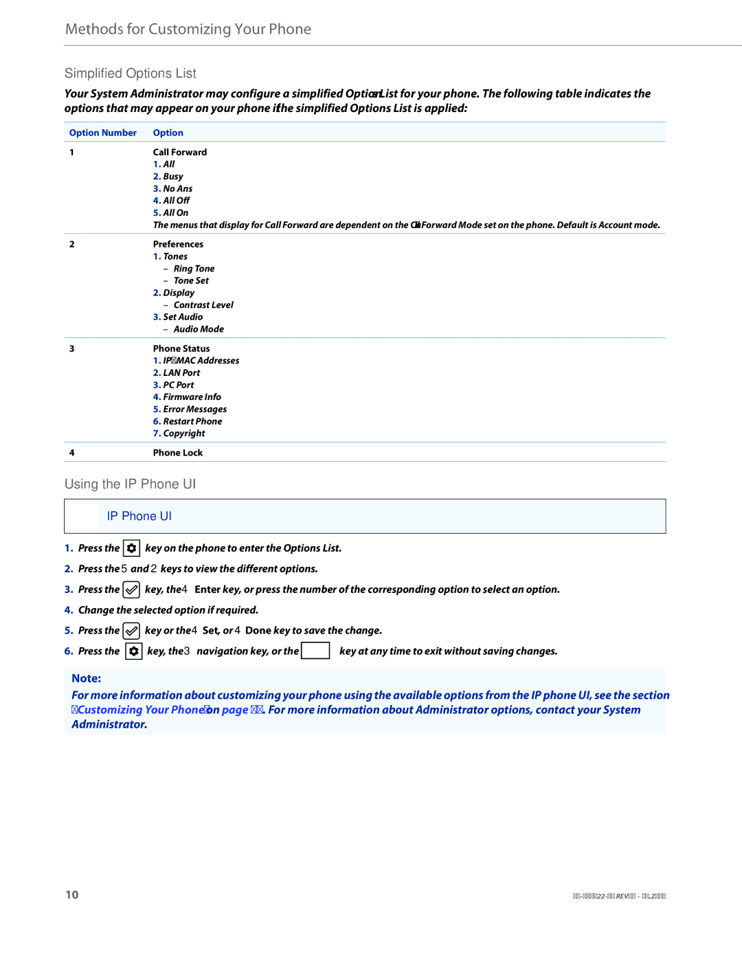 Aastra Telecom 6863i manual Simplified Options List, Using the IP Phone UI 