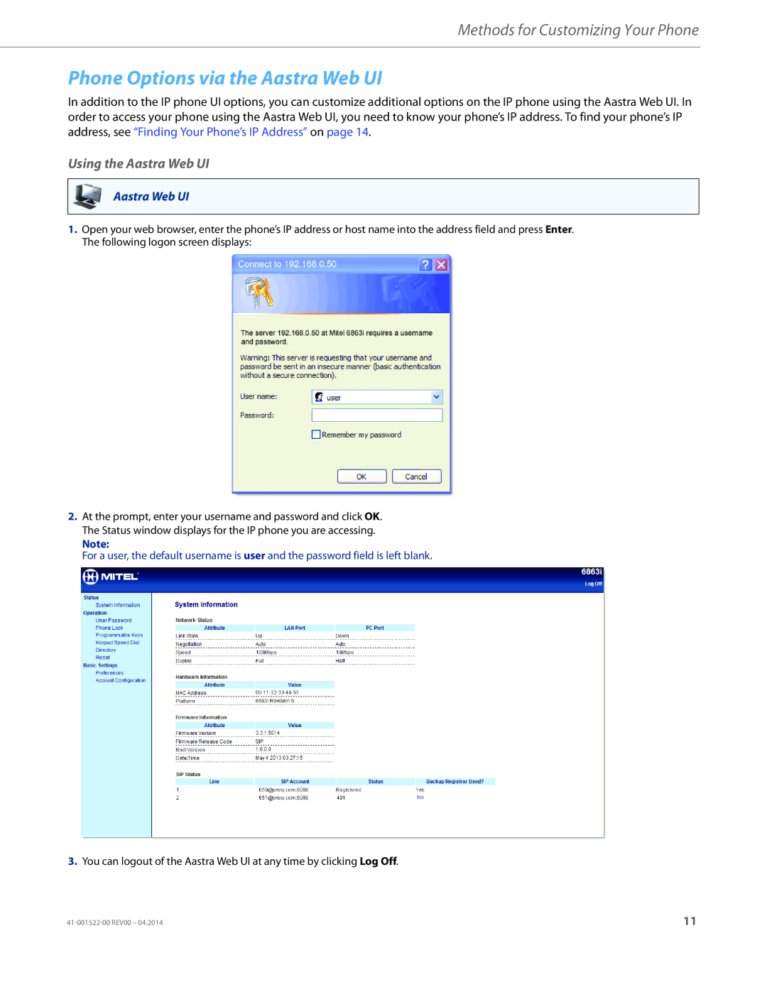 Aastra Telecom 6863i manual Phone Options via the Aastra Web UI, Using the Aastra Web UI 