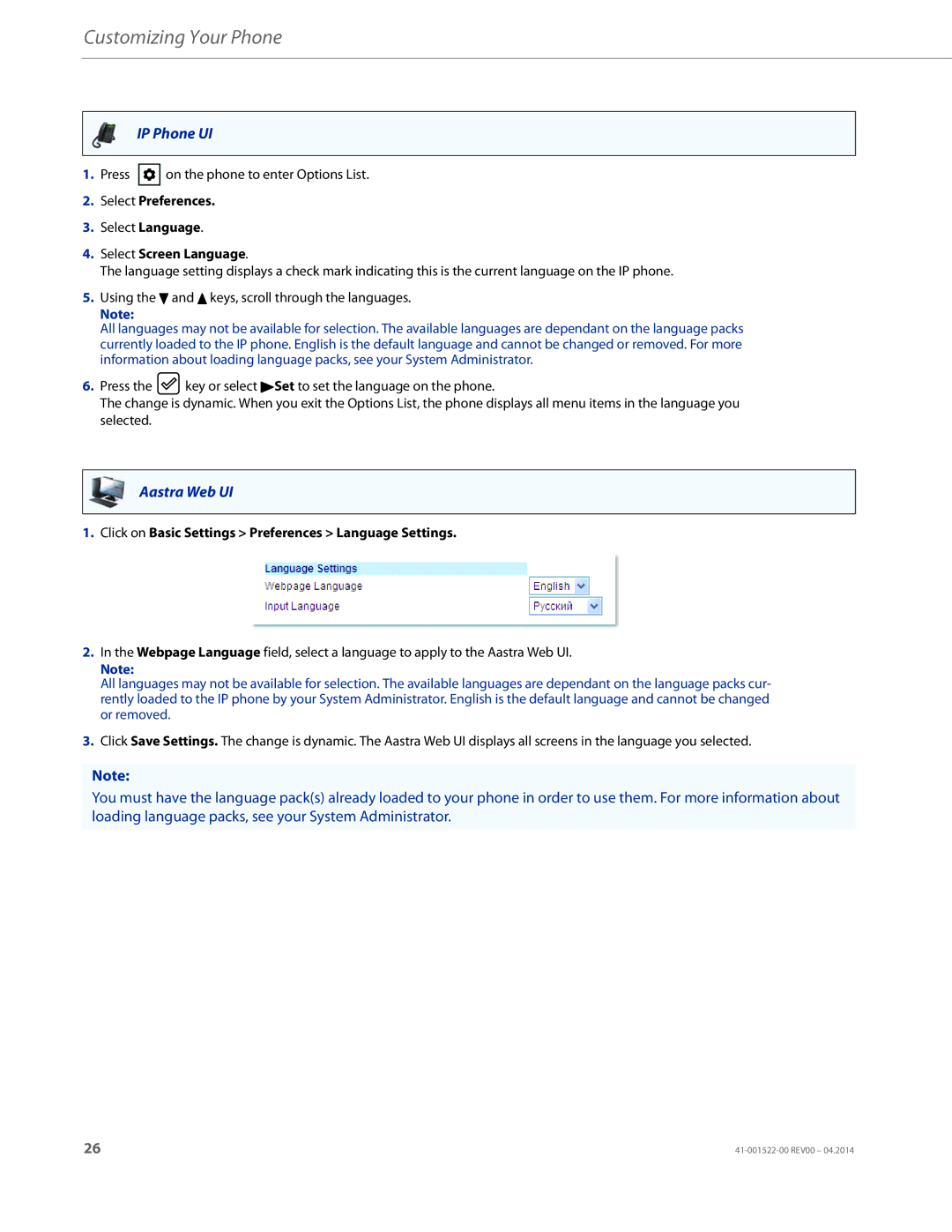 Aastra Telecom 6863i manual Select Screen Language, Click on Basic Settings Preferences Language Settings 