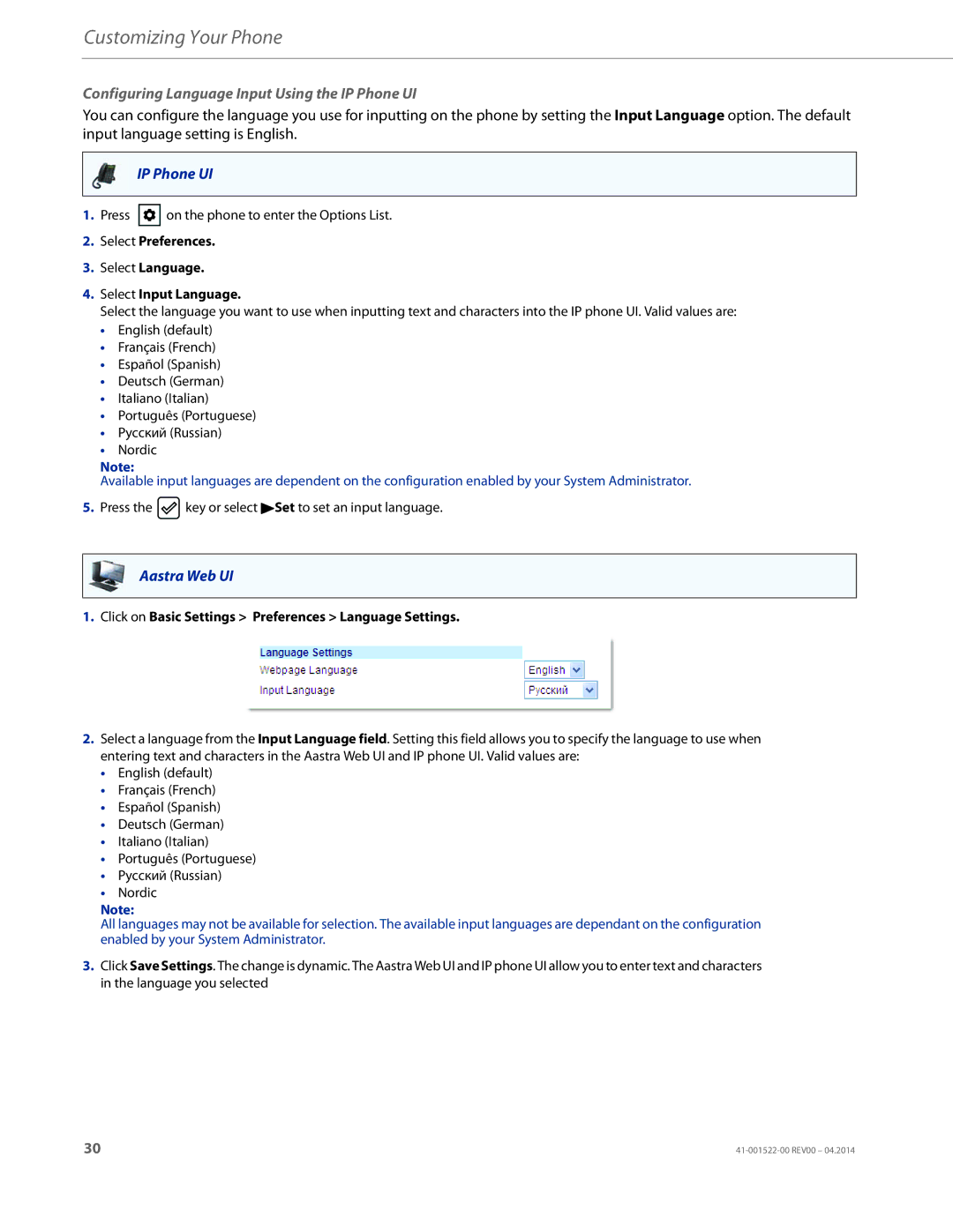 Aastra Telecom 6863i manual Configuring Language Input Using the IP Phone UI 