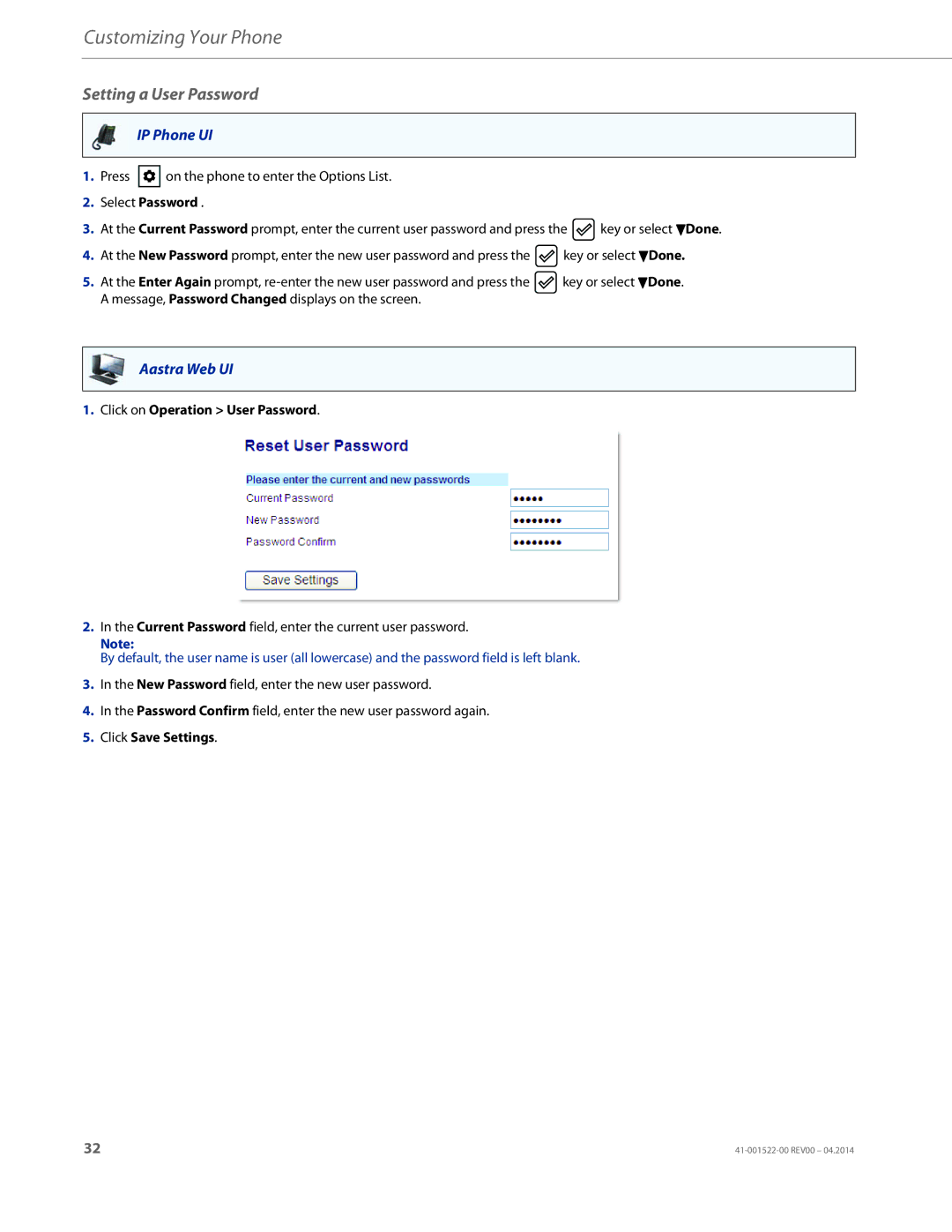 Aastra Telecom 6863i manual Setting a User Password, Select Password, Click on Operation User Password 