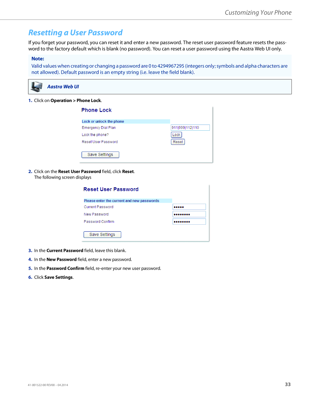 Aastra Telecom 6863i manual Resetting a User Password, Click on Operation Phone Lock 