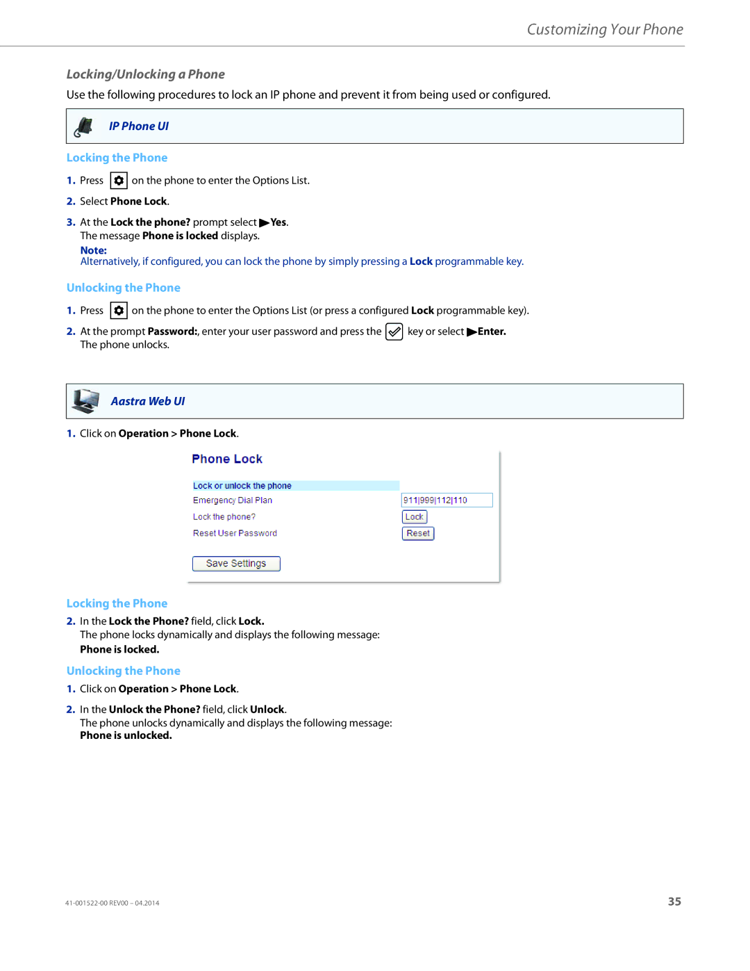 Aastra Telecom 6863i Locking/Unlocking a Phone, Select Phone Lock, Lock the Phone? field, click Lock, Phone is locked 