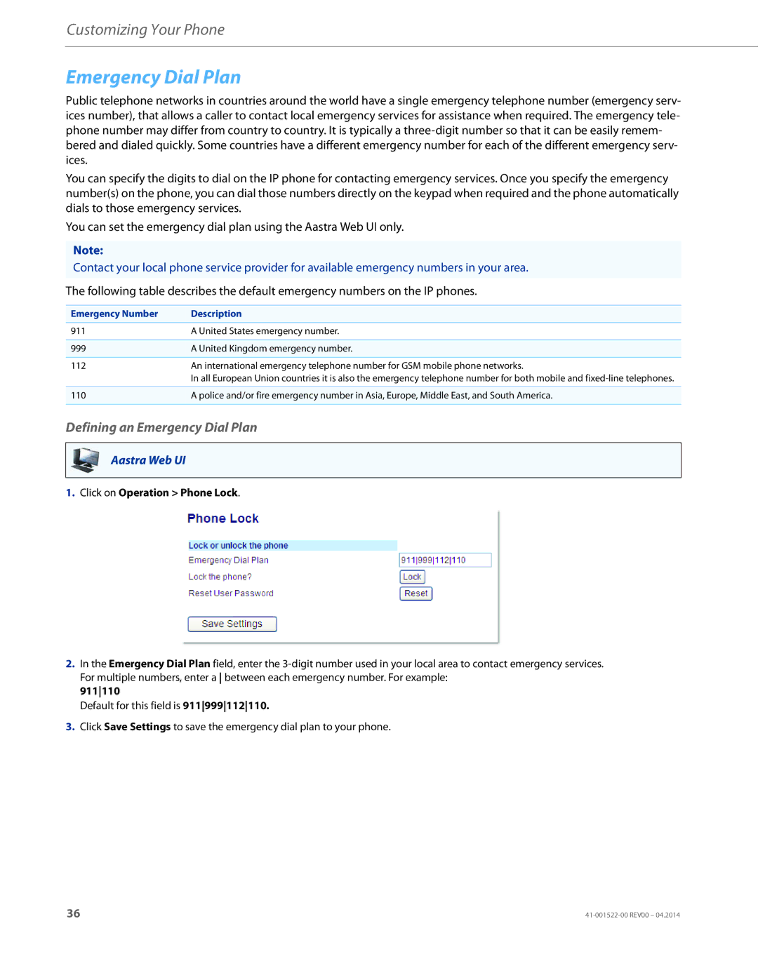 Aastra Telecom 6863i manual Defining an Emergency Dial Plan, 911110, Emergency Number Description 