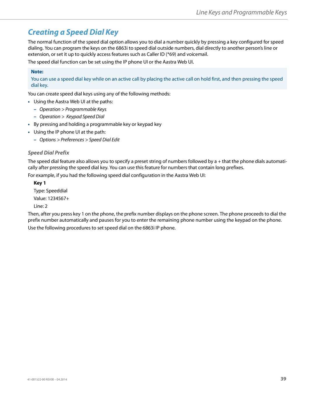 Aastra Telecom 6863i manual Creating a Speed Dial Key, Speed Dial Prefix 