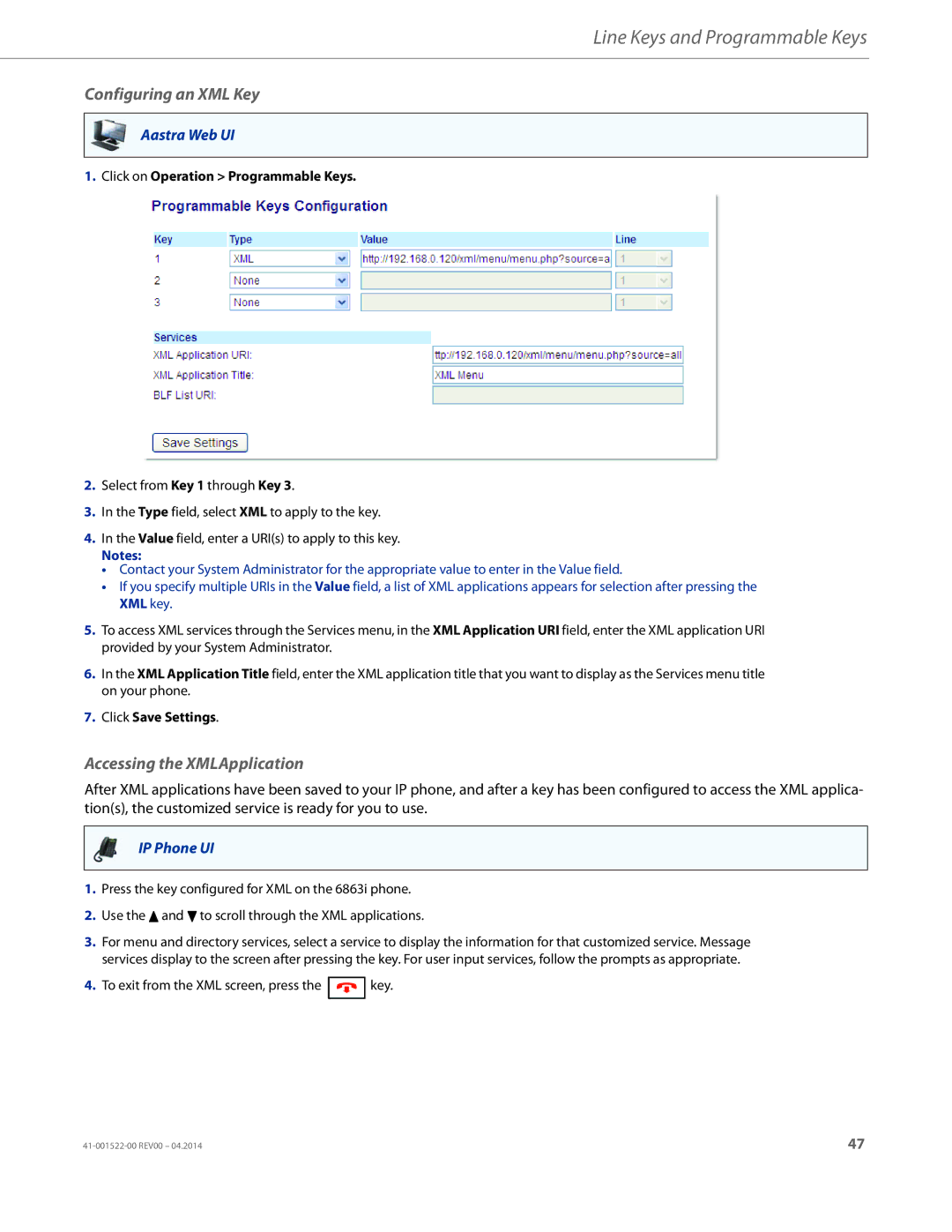 Aastra Telecom 6863i manual Configuring an XML Key, Accessing the XMLApplication 