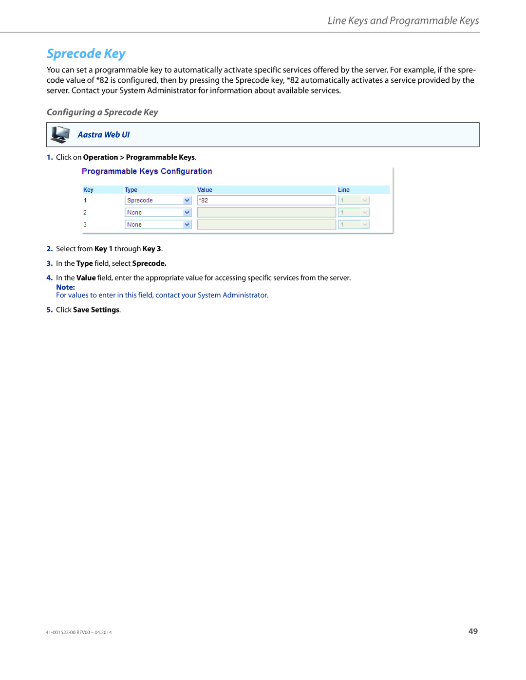 Aastra Telecom 6863i manual Configuring a Sprecode Key 