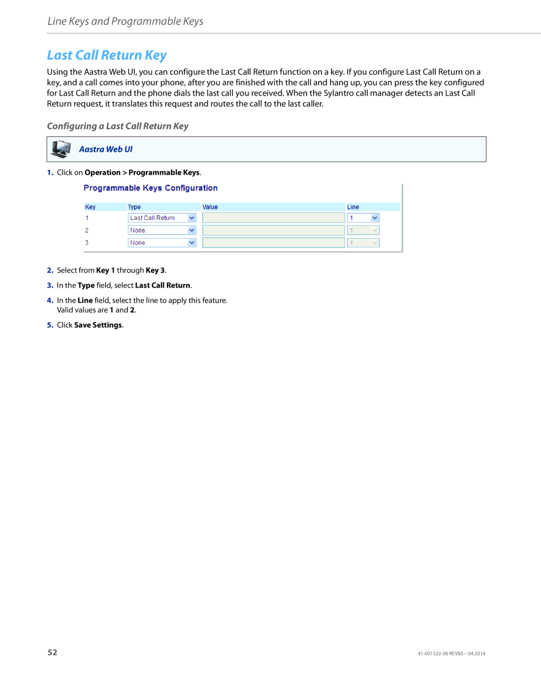 Aastra Telecom 6863i manual Configuring a Last Call Return Key 