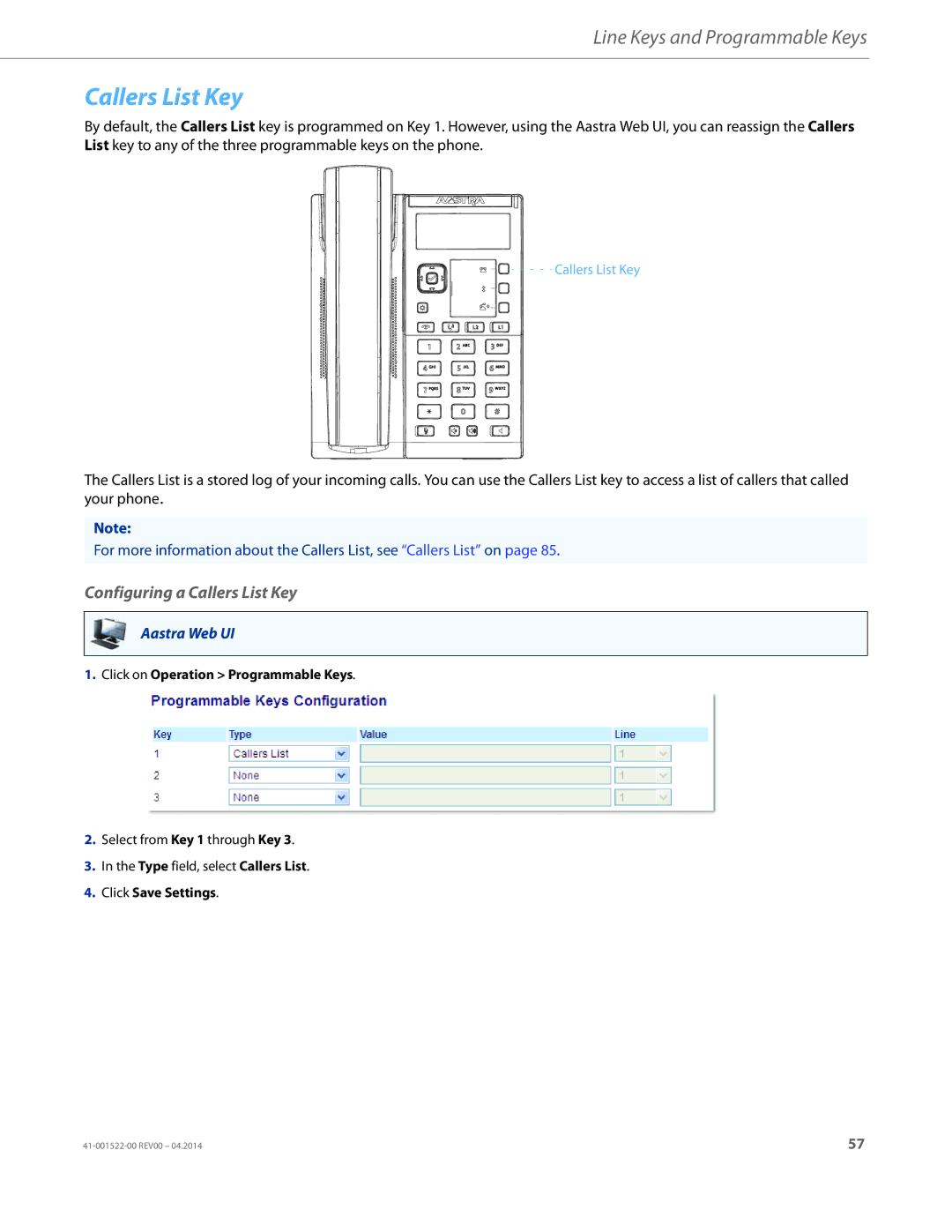 Aastra Telecom 6863i manual Configuring a Callers List Key 