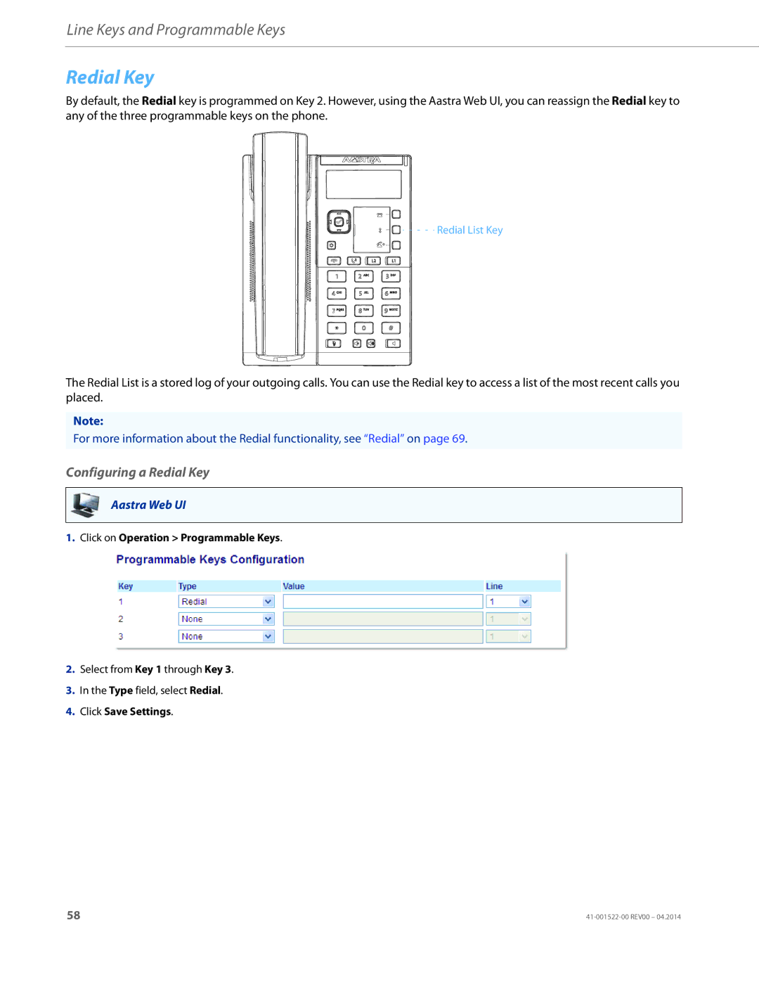 Aastra Telecom 6863i manual Configuring a Redial Key 