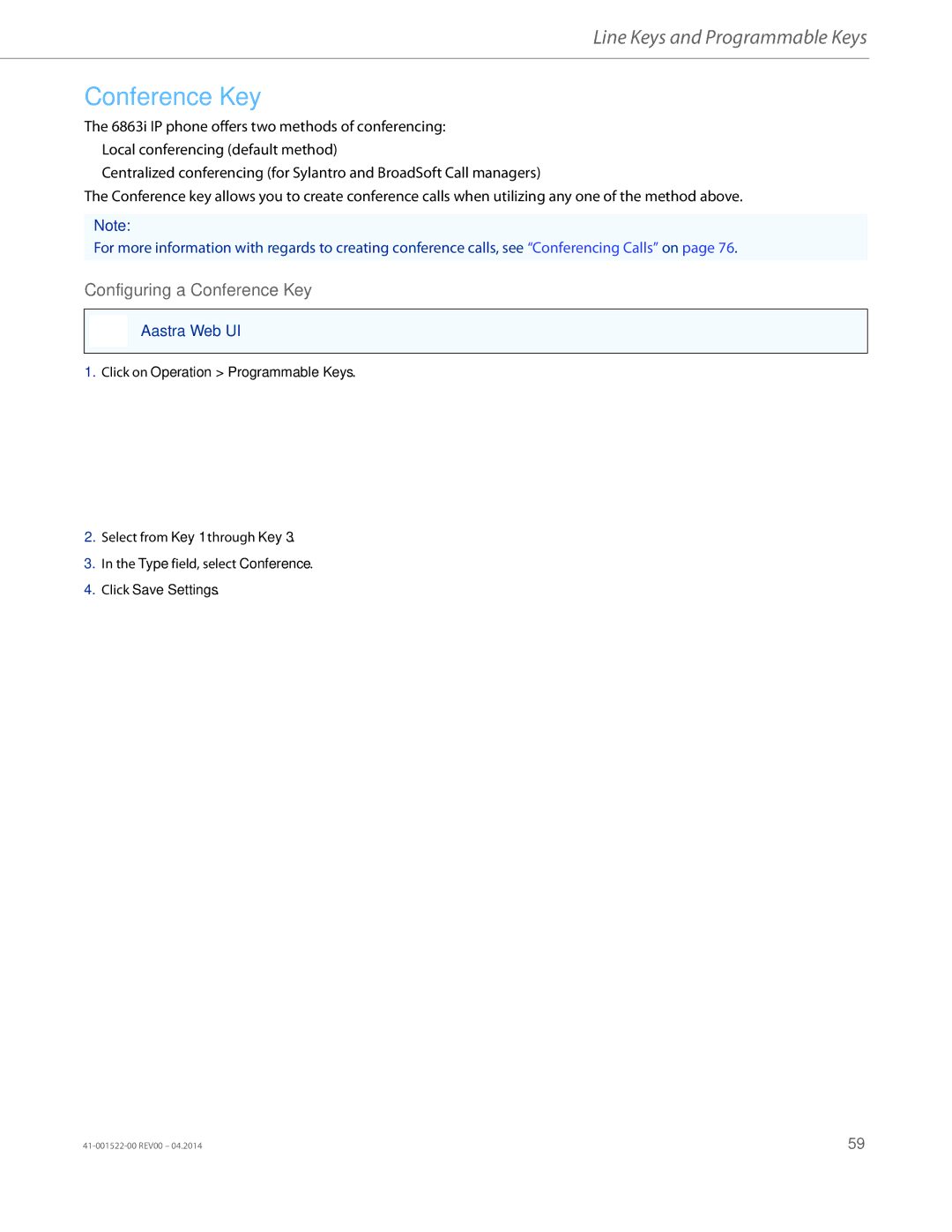 Aastra Telecom 6863i manual Configuring a Conference Key 