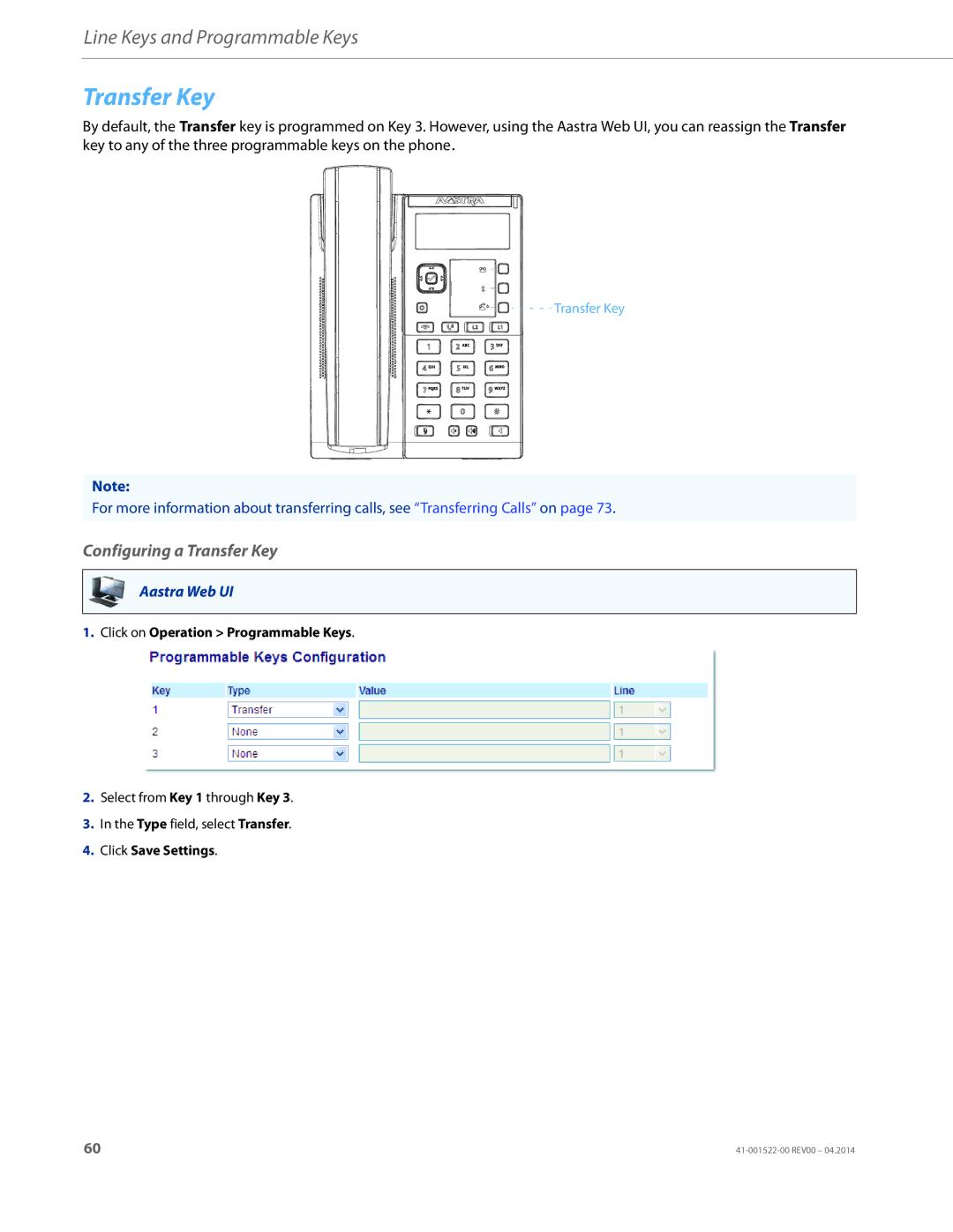 Aastra Telecom 6863i manual Configuring a Transfer Key 