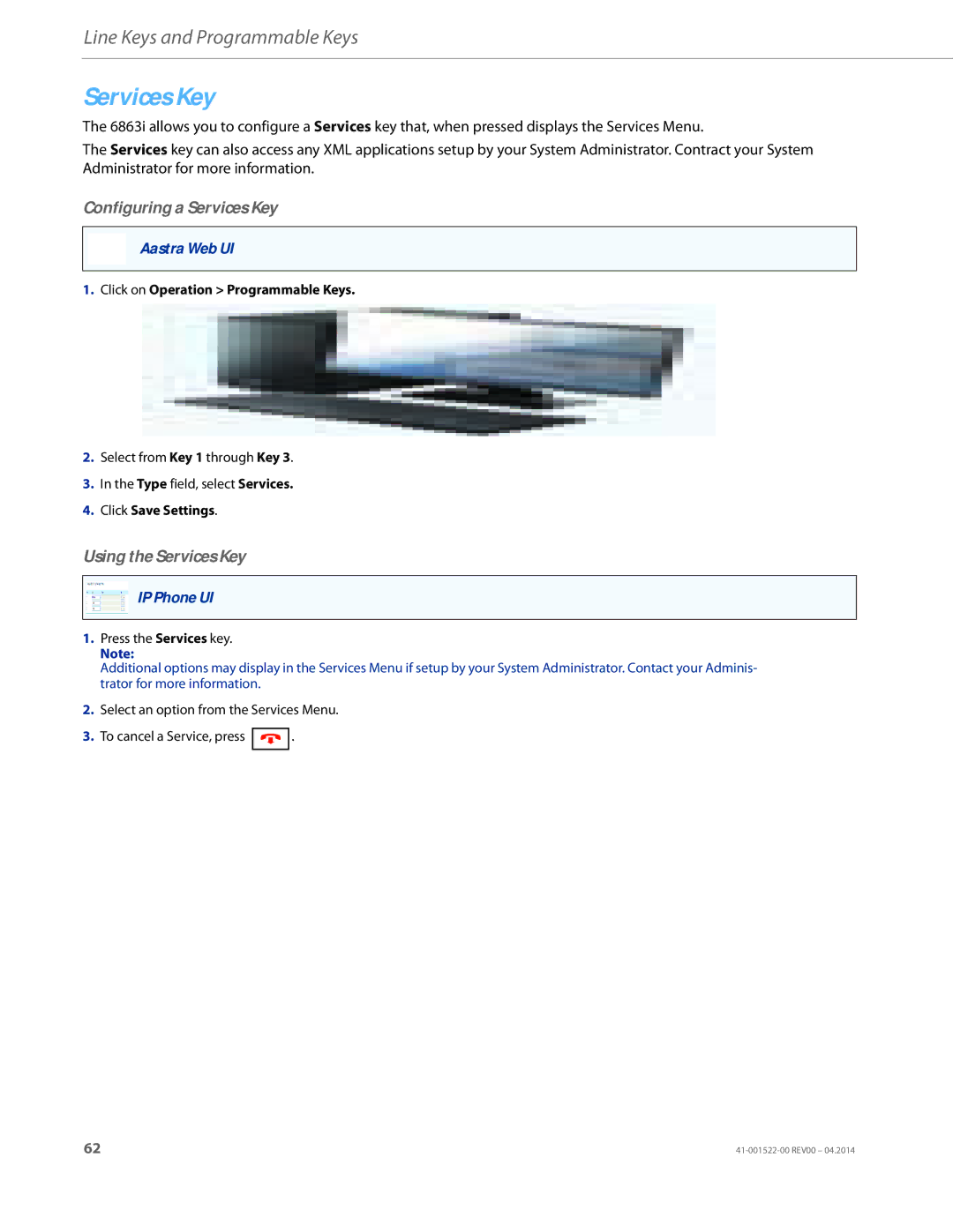 Aastra Telecom 6863i manual Configuring a Services Key, Using the Services Key 