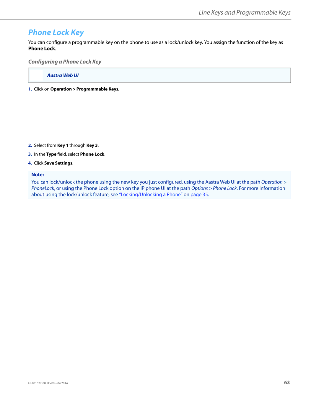 Aastra Telecom 6863i manual Configuring a Phone Lock Key 