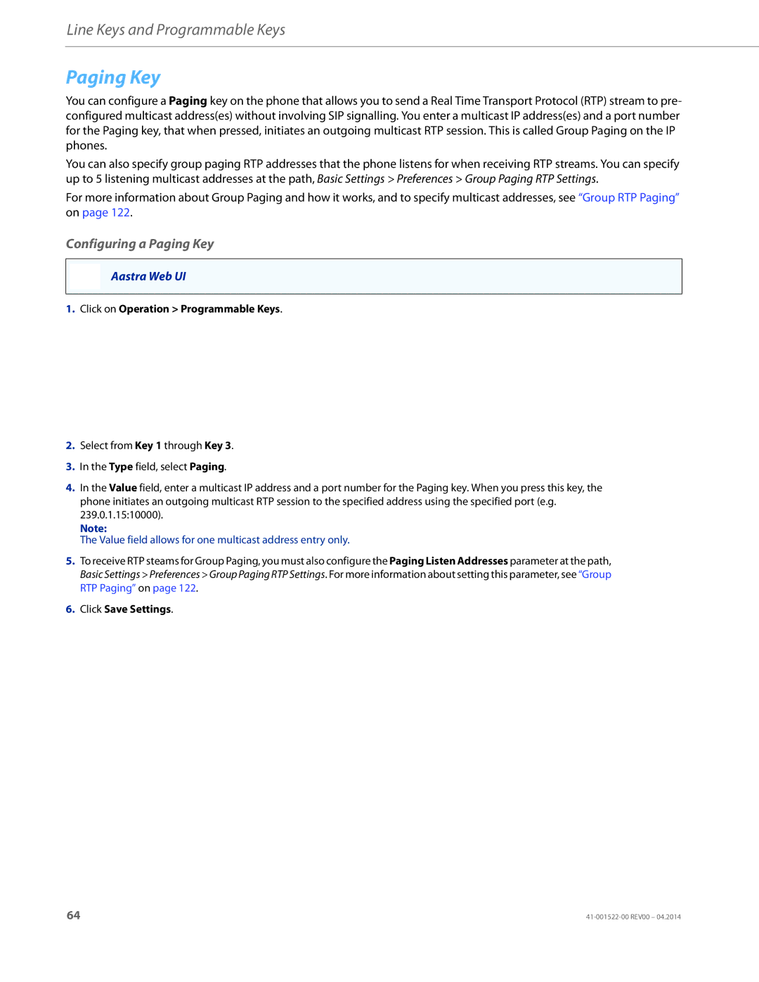 Aastra Telecom 6863i manual Configuring a Paging Key 