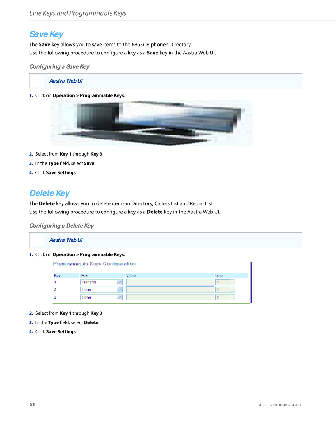 Aastra Telecom 6863i manual Configuring a Save Key, Configuring a Delete Key 