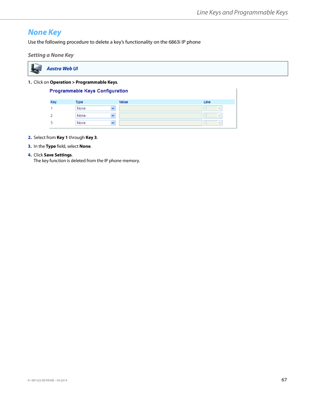 Aastra Telecom 6863i manual Setting a None Key 