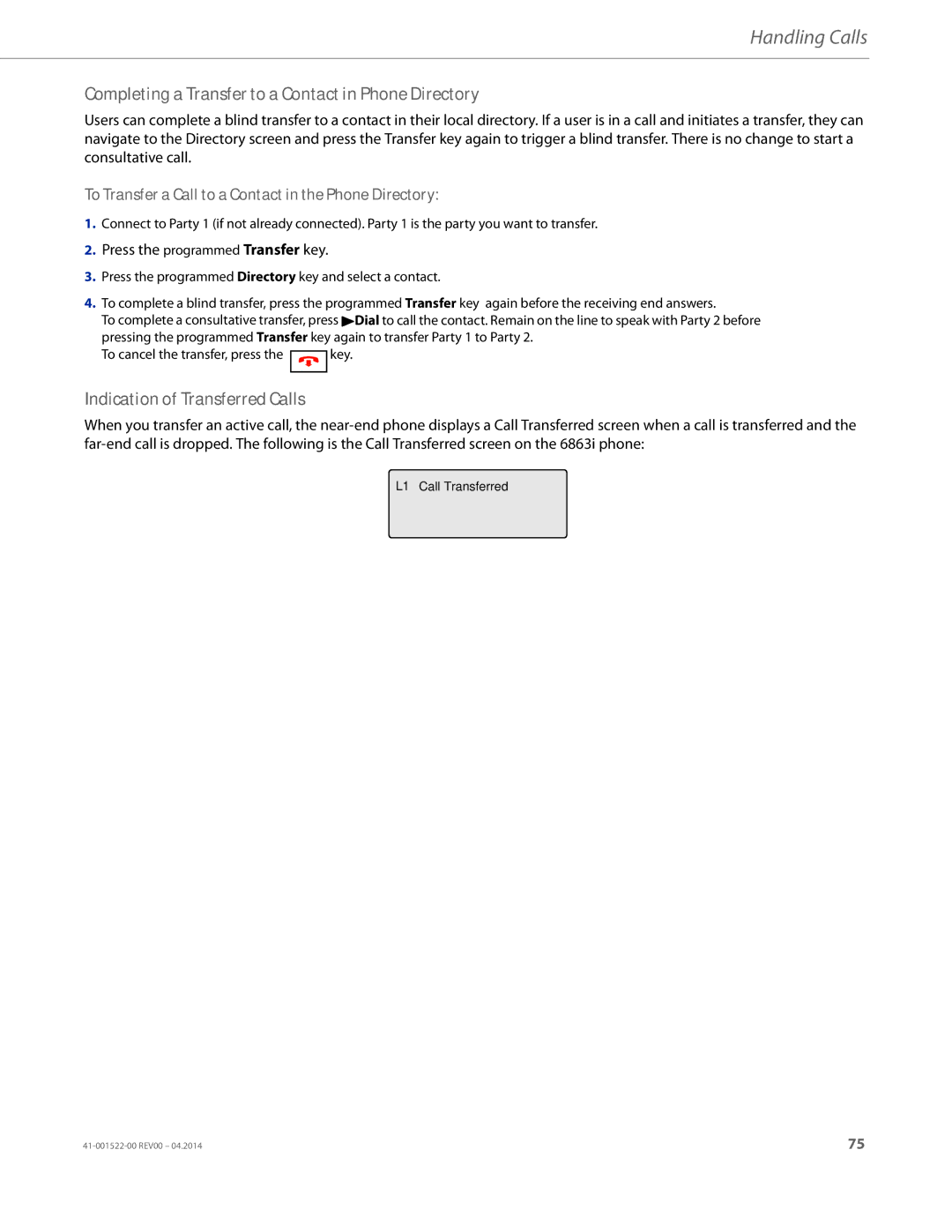 Aastra Telecom 6863i manual Completing a Transfer to a Contact in Phone Directory, Indication of Transferred Calls 