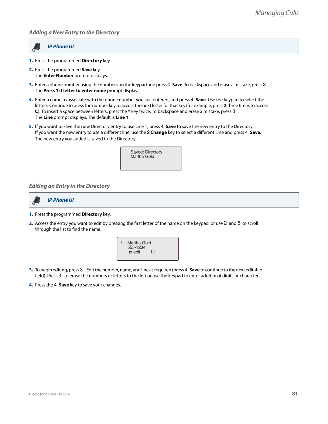 Aastra Telecom 6863i manual Adding a New Entry to the Directory, Editing an Entry in the Directory 