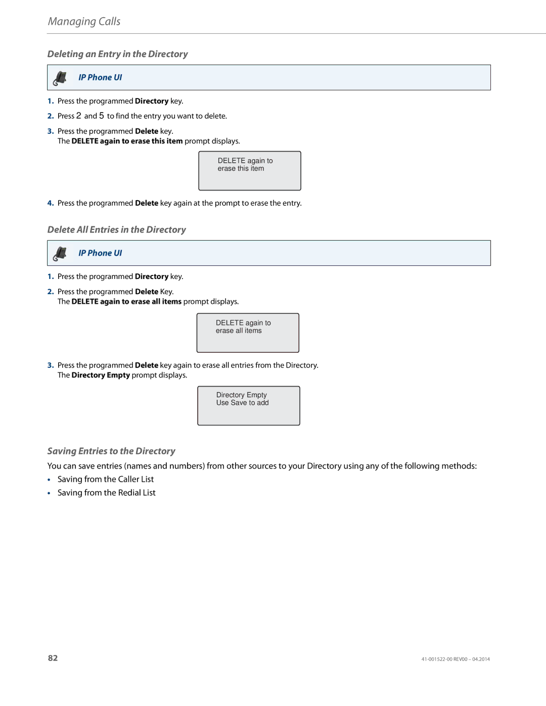 Aastra Telecom 6863i manual Deleting an Entry in the Directory, Delete All Entries in the Directory 