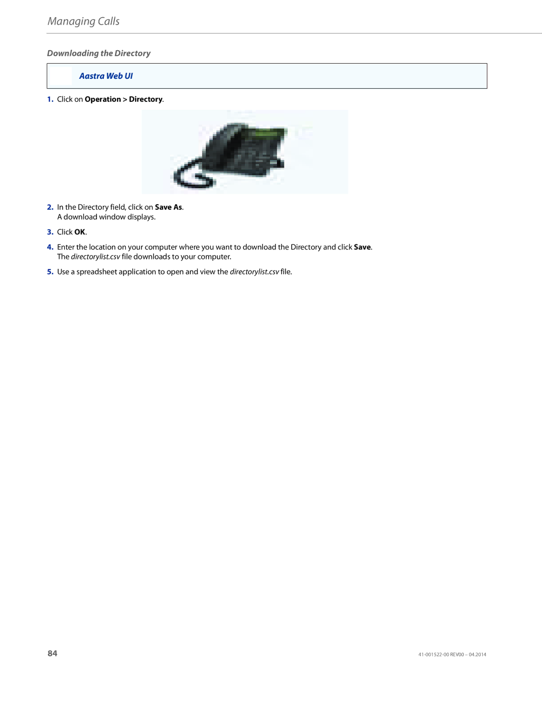 Aastra Telecom 6863i manual Downloading the Directory, Click on Operation Directory 