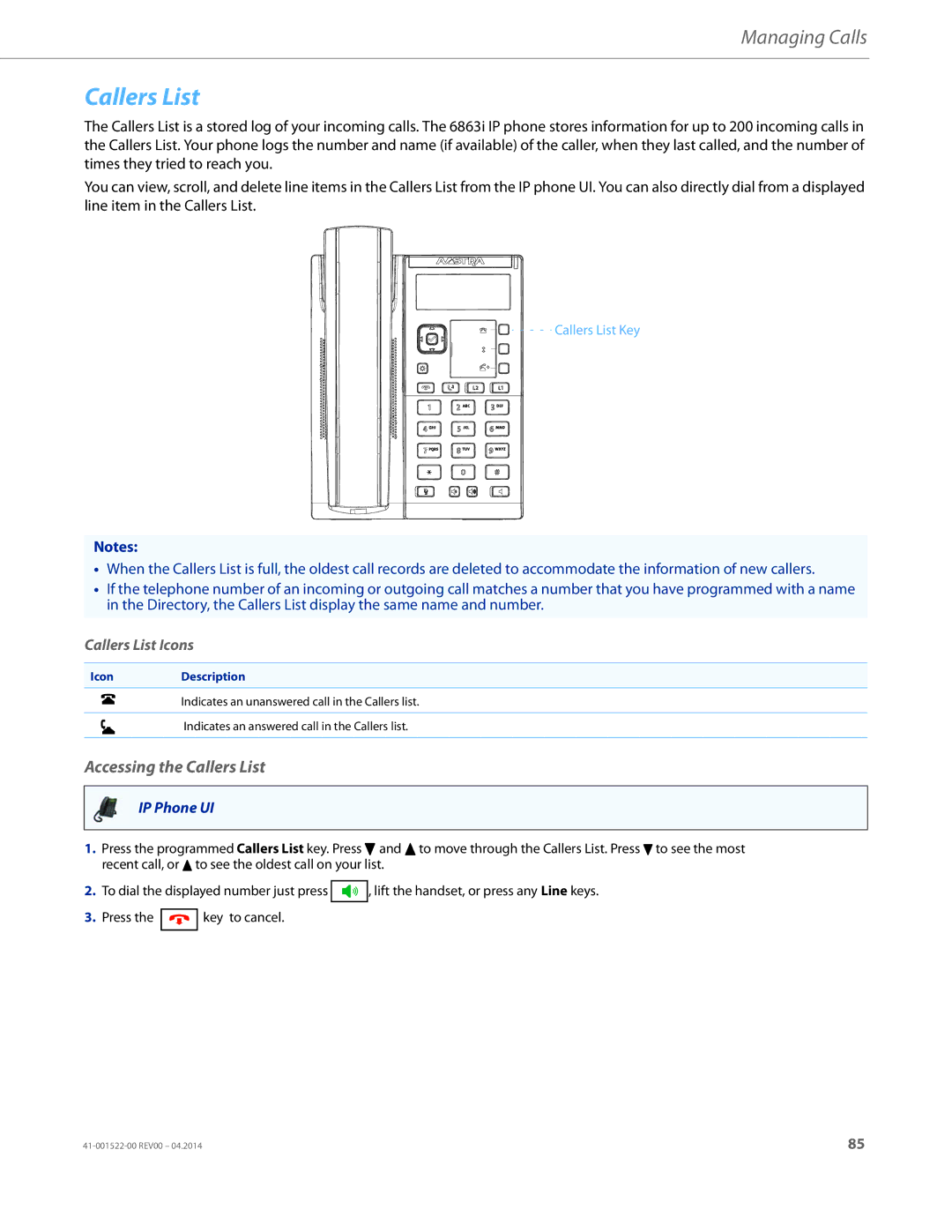 Aastra Telecom 6863i manual Accessing the Callers List, Callers List Icons, IconDescription 