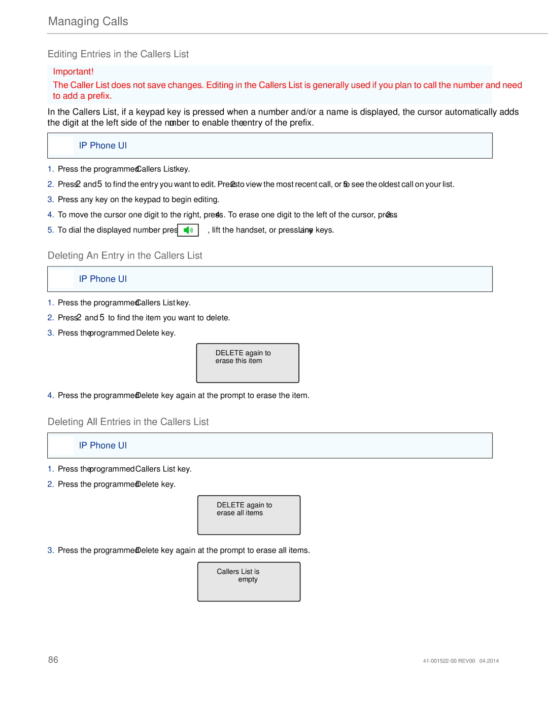 Aastra Telecom 6863i manual Editing Entries in the Callers List, Deleting An Entry in the Callers List 