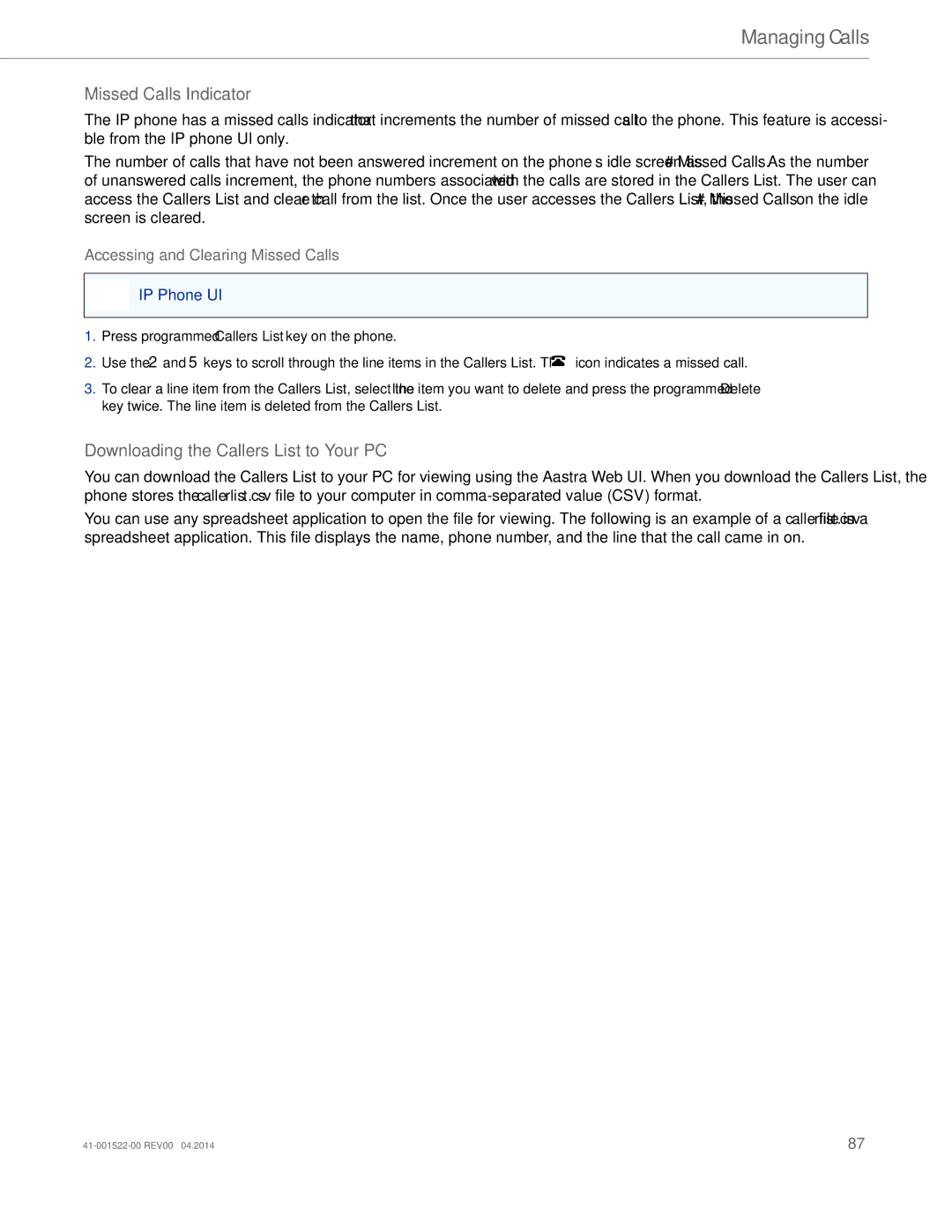 Aastra Telecom 6863i Missed Calls Indicator, Downloading the Callers List to Your PC, Accessing and Clearing Missed Calls 