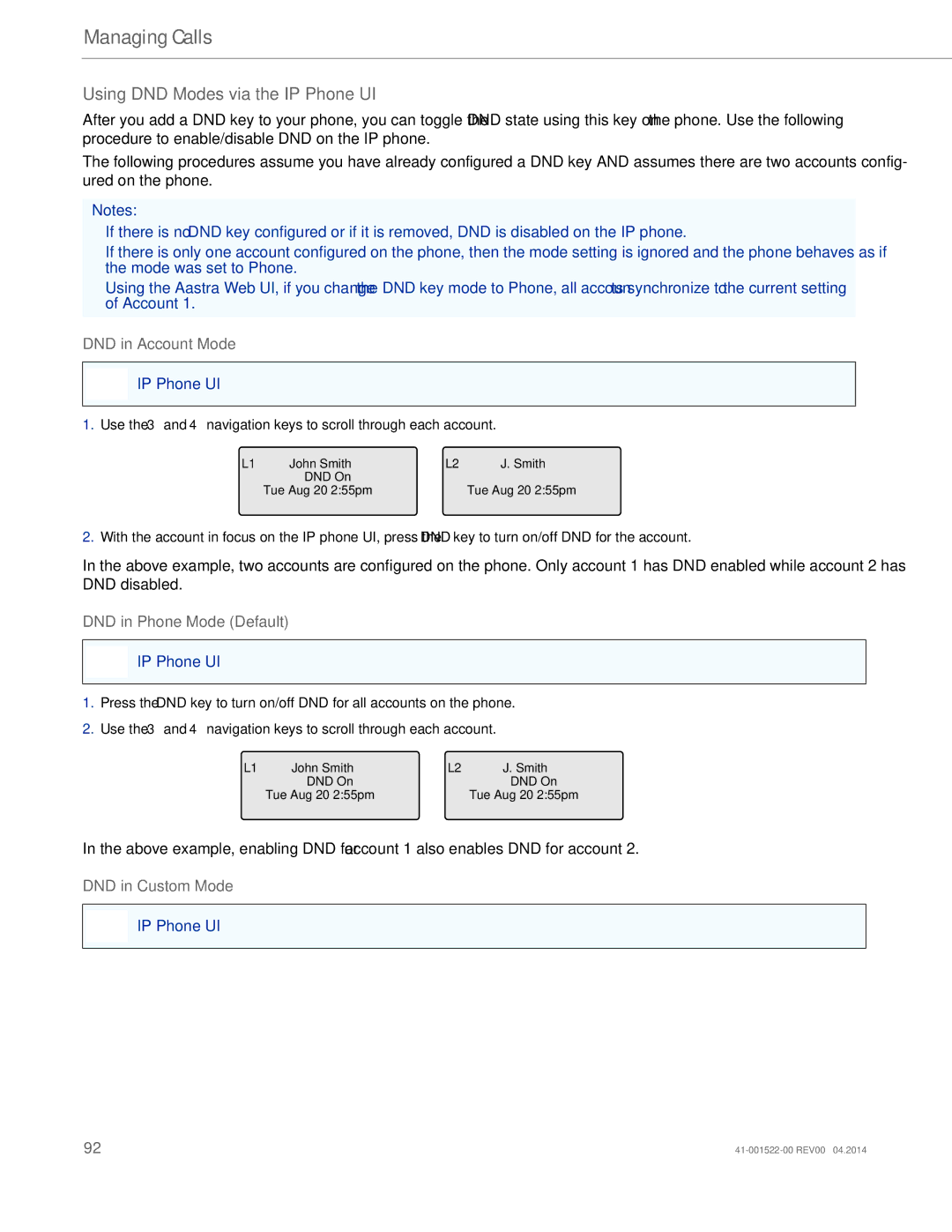 Aastra Telecom 6863i manual Using DND Modes via the IP Phone UI, DND in Account Mode, DND in Phone Mode Default 