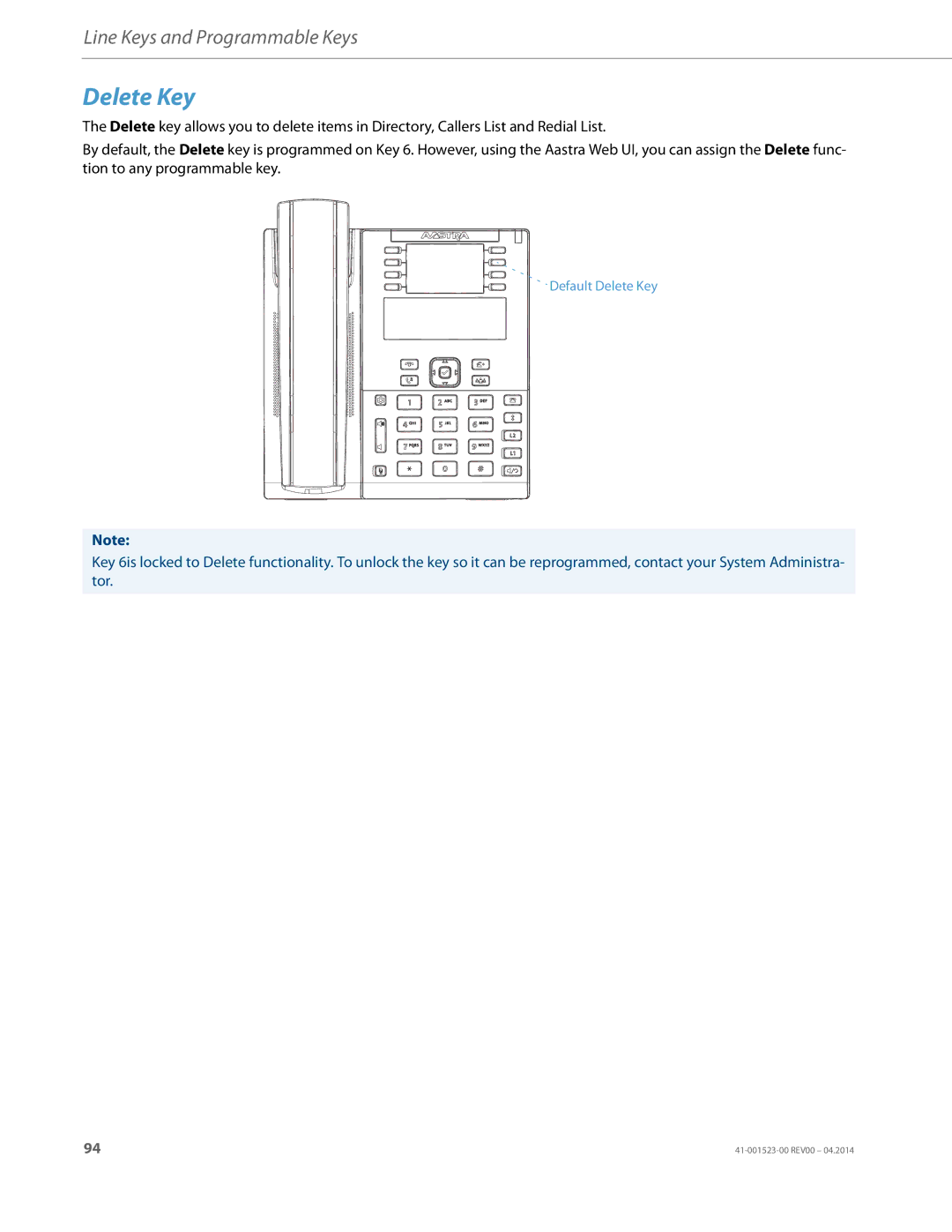 Aastra Telecom 6865i manual Delete Key 