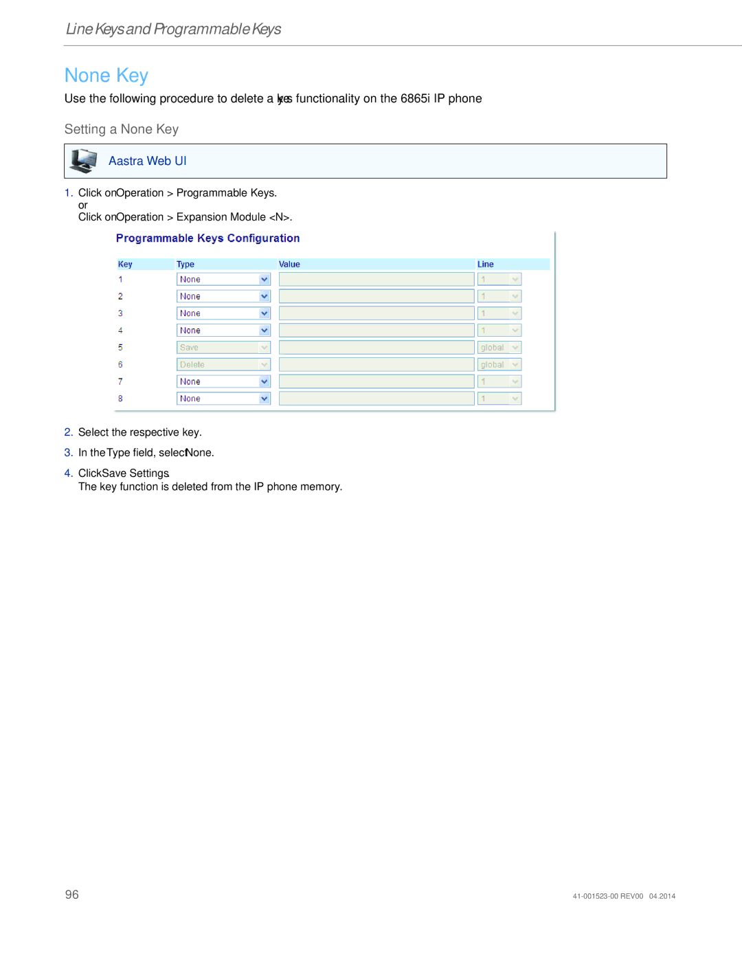 Aastra Telecom 6865i manual Setting a None Key 