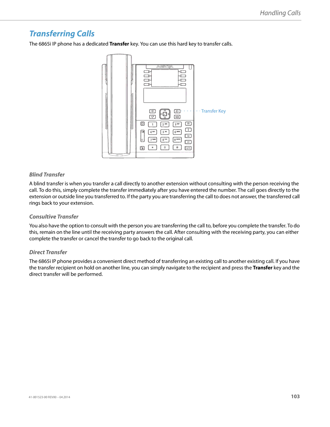 Aastra Telecom 6865i manual Transferring Calls, Blind Transfer, Consultive Transfer, Direct Transfer 