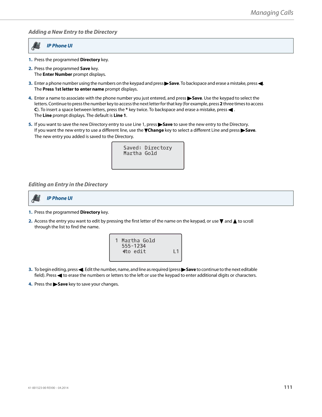 Aastra Telecom 6865i Adding a New Entry to the Directory, Editing an Entry in the Directory, Saved Directory Martha Gold 