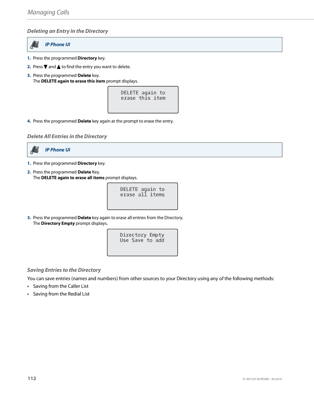 Aastra Telecom 6865i manual Deleting an Entry in the Directory, Delete All Entries in the Directory 