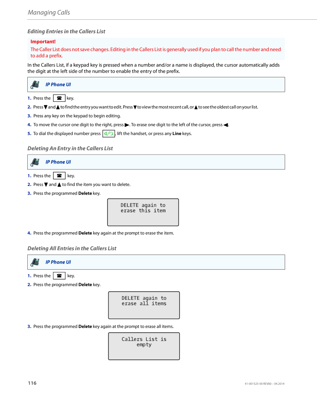 Aastra Telecom 6865i Editing Entries in the Callers List, Deleting An Entry in the Callers List, Callers List is Empty 