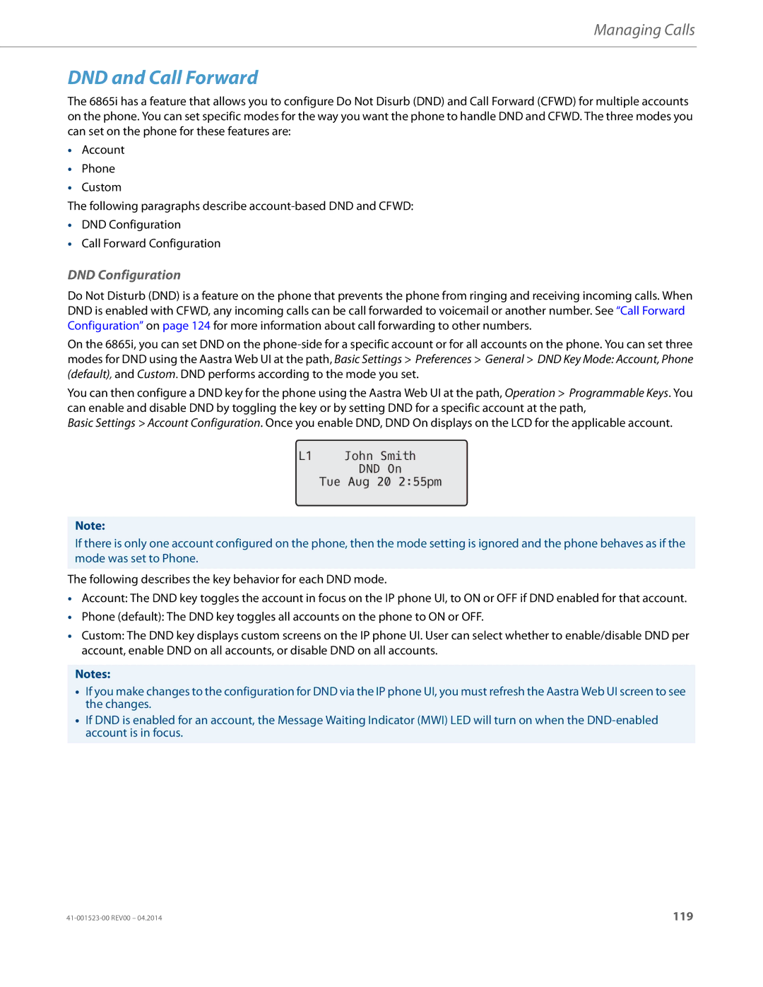 Aastra Telecom 6865i manual DND and Call Forward, DND Configuration, L1 John Smith DND On Tue Aug 20 255pm 