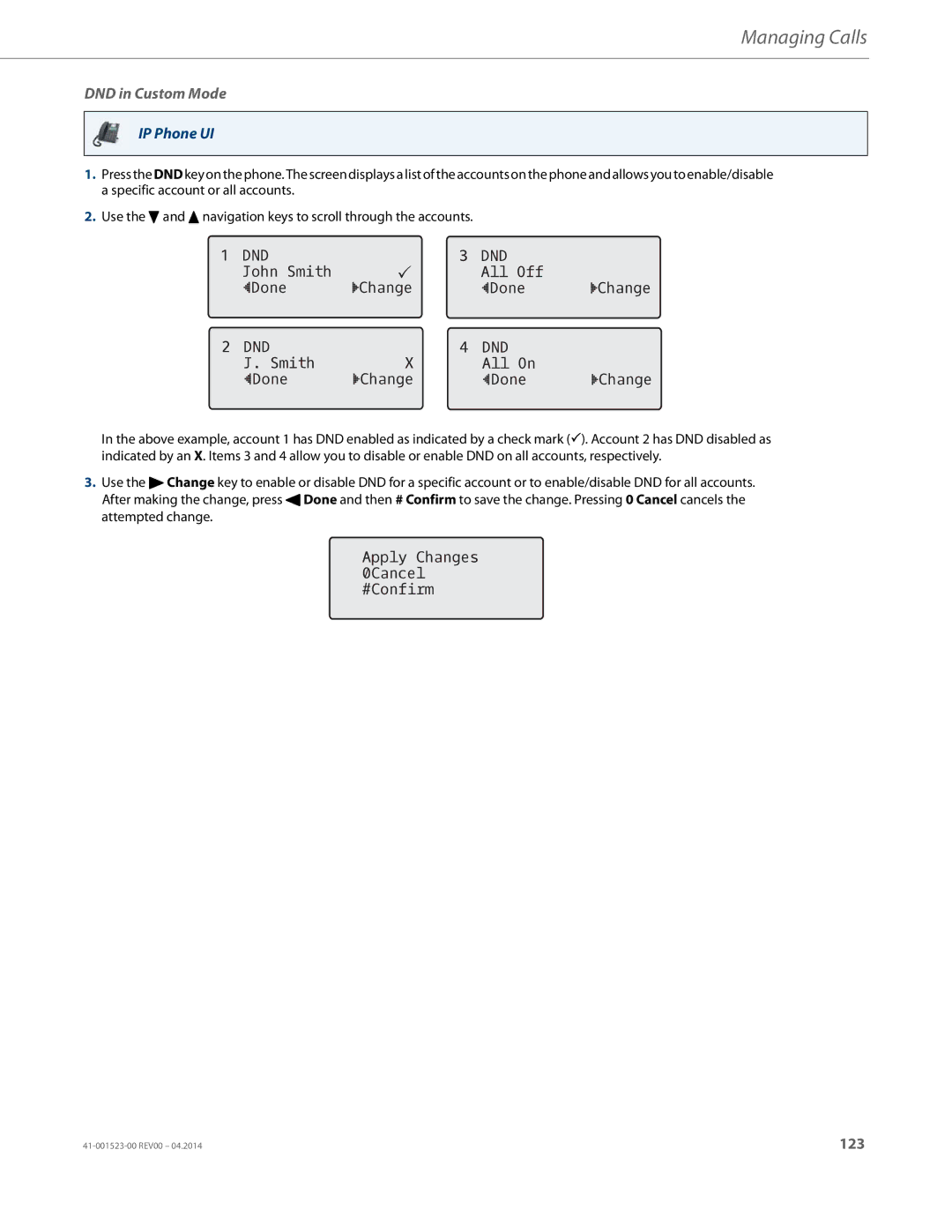 Aastra Telecom 6865i manual DND in Custom Mode, John Smith All Off, Smith All On Done, Apply Changes 0Cancel #Confirm 