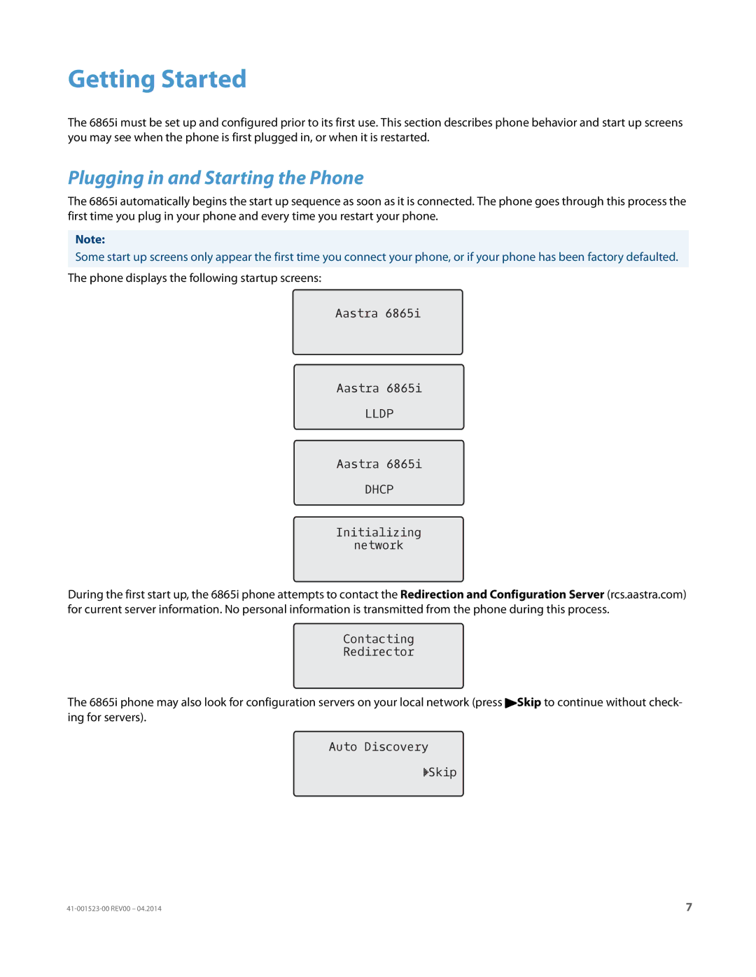 Aastra Telecom 6865i manual Getting Started, Plugging in and Starting the Phone, Aastra, Auto Discovery Skip 