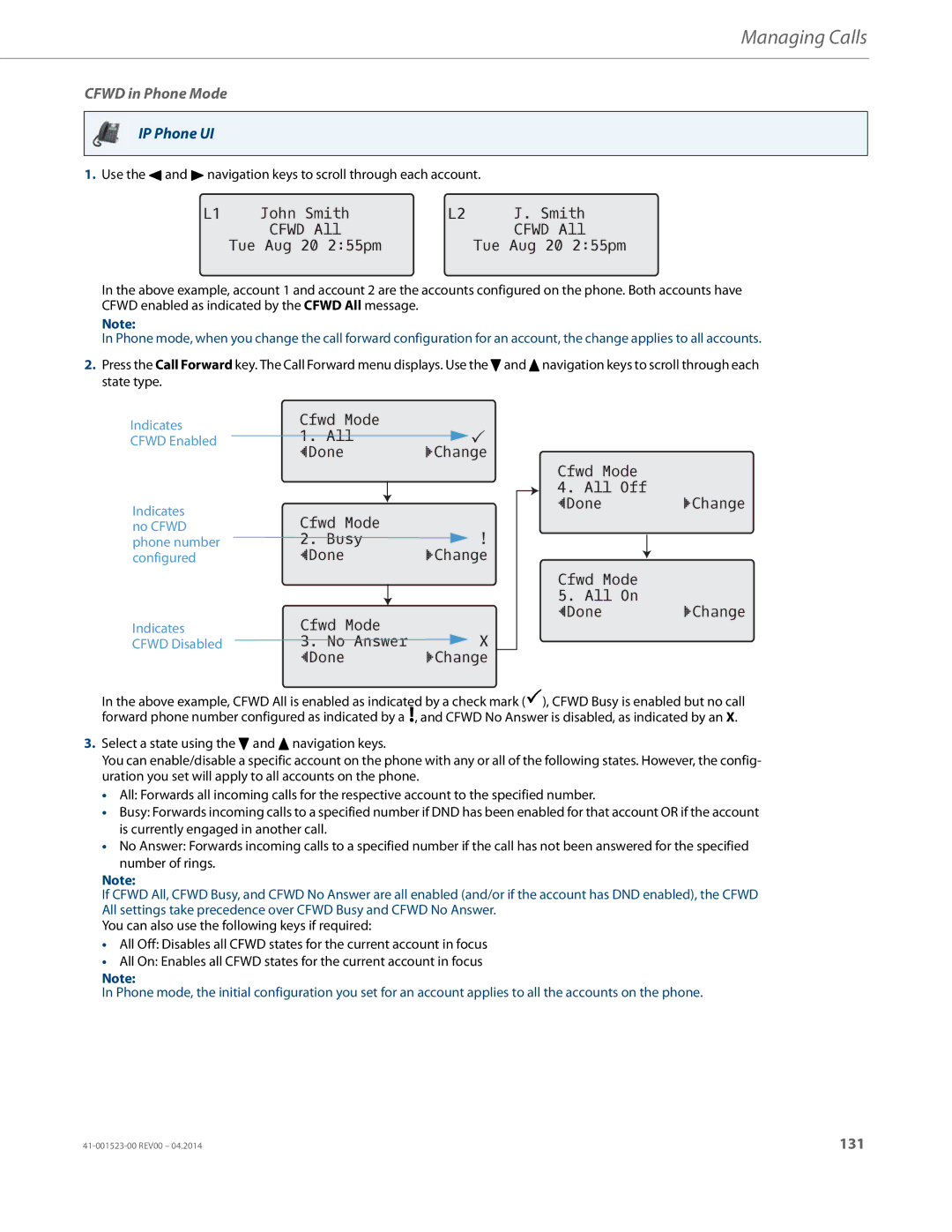 Aastra Telecom 6865i manual Cfwd in Phone Mode, John Smith Cfwd All Tue Aug 20 255pm, Cfwd Mode All Off DoneChange All On 