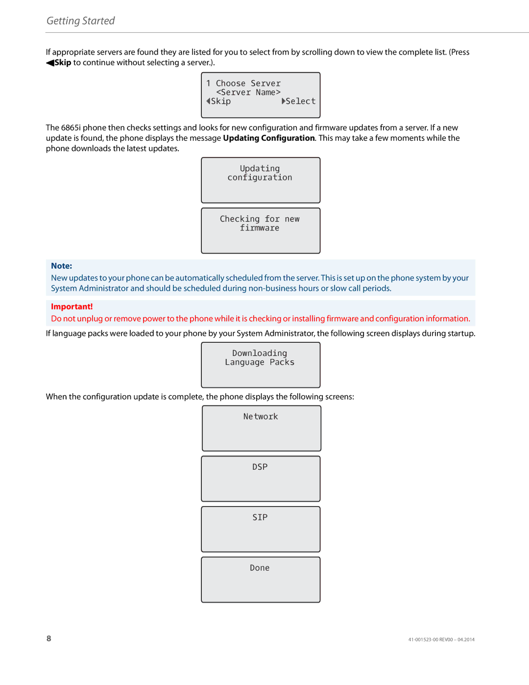 Aastra Telecom 6865i manual Choose Server Server Name SkipSelect, Updating Configuration Checking for new Firmware, Done 