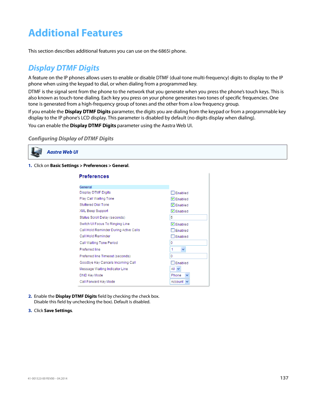 Aastra Telecom 6865i manual Additional Features, Display Dtmf Digits, Configuring Display of Dtmf Digits 