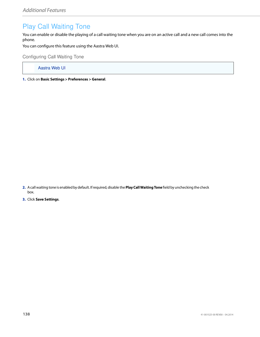 Aastra Telecom 6865i manual Play Call Waiting Tone, Configuring Call Waiting Tone 