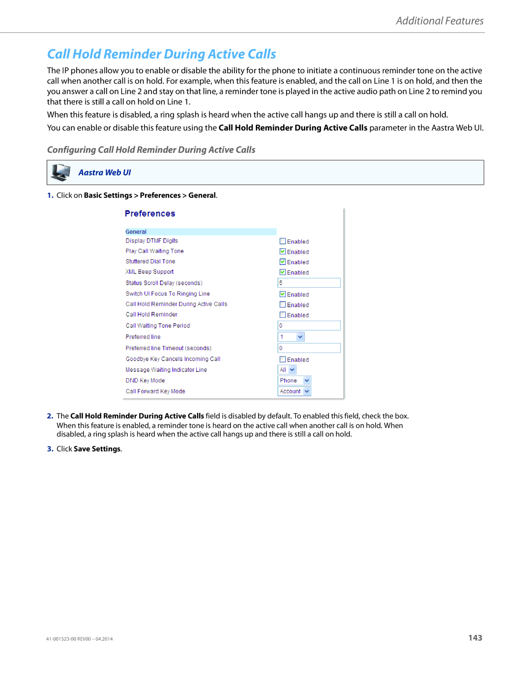 Aastra Telecom 6865i manual Configuring Call Hold Reminder During Active Calls 